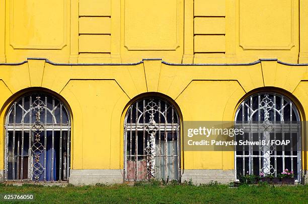 close-up of yellow building window's in budapest - patrycia schweiß stock pictures, royalty-free photos & images