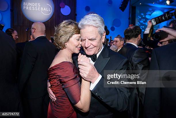 German President Joachim Gauck and his partner Daniela Schadt dance the opening dance at the 65th Bundespresseball at Hotel Adlon on November 25,...