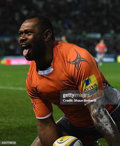 Vereniki Goneva of Newcastle Falcons celebrates after scoring a try during the Aviva Premiership match between Northampton Saints and Newcastle...