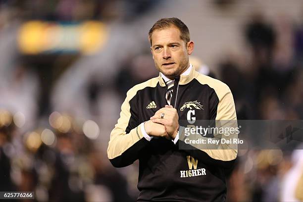 Head coach P.J. Fleck of the Western Michigan Broncos prior to the game against the Toledo Rockets at Waldo Stadium on November 25, 2016 in...