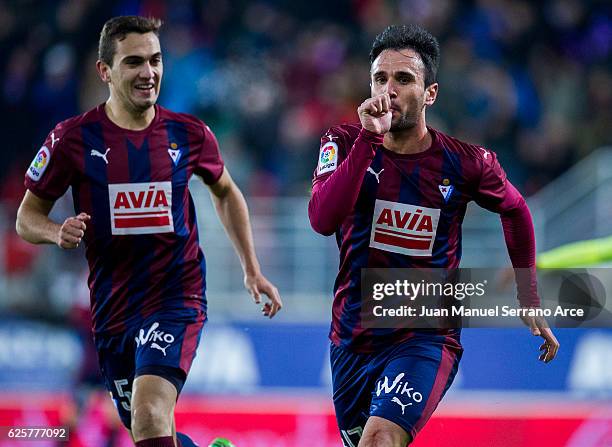 Kike Garcia of SD Eibar celebrates with his teammates Gonzalo Escalante of SD Eibar after scoring his team's third goal during the La Liga match...