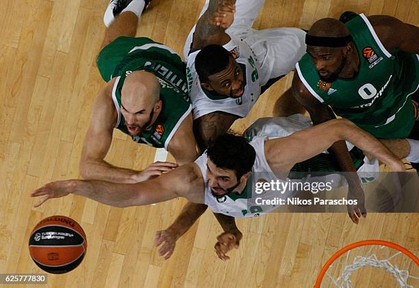 Furkan Aldemir, #19 of Darussafaka Dogus Istanbul competes with Nikos Pappas, #11 of Panathinaikos Superfoods Athens during the 2016/2017 Turkish...