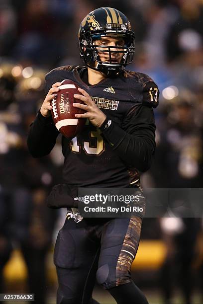 Tom Flacco of the Western Michigan Broncos warms up prior to the game against the Toledo Rockets at Waldo Stadium on November 25, 2016 in Kalamazoo,...