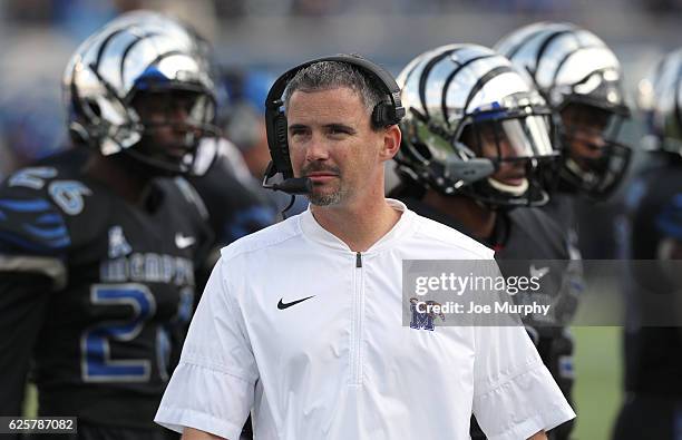 Mike Norvell, head coach of the Memphis Tigers looks on against the Houston Cougars on November 25, 2016 at Liberty Bowl Memorial Stadium in Memphis,...