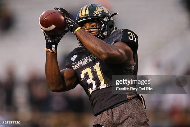 Jarvion Franklin of the Western Michigan Broncos catches a ball during warm ups prior to the game against the Toledo Rockets at Waldo Stadium on...