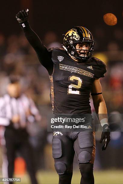 Justin Tranquill of the Western Michigan Broncos in gestures on field during the first quarter against the Toledo Rocketst at Waldo Stadium on...