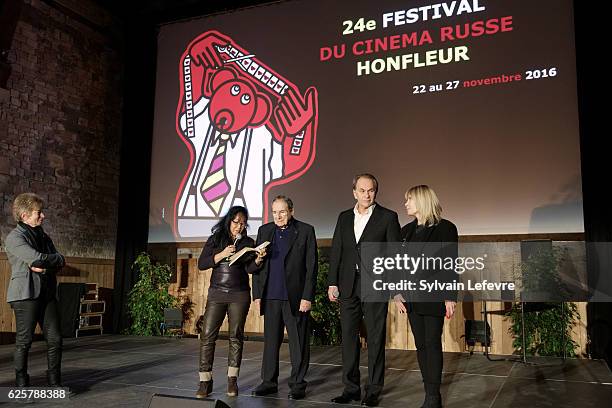 Guest, Mei Chen Chalais, Robert Hossein, Aleksei Guskov and Candice Patou attend the tribute to Robert Hossein during Russian Film Festival on...