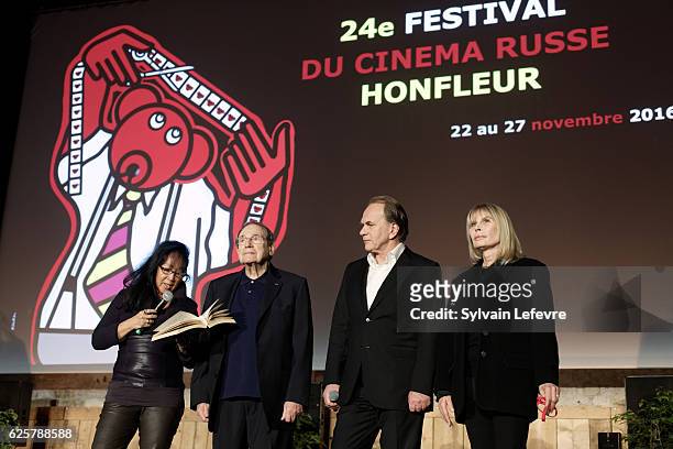 Mei Chen Chalais, Robert Hossein, Aleksei Guskov and Candice Patou attend the tribute to Robert Hossein during Russian Film Festival on November 25,...