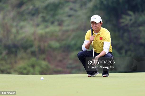 Wenyi Huang of China plays a shot during the second round of the Buick open at Guangzhou Foison Golf Club on November 25, 2016 in Guangzhou, China.