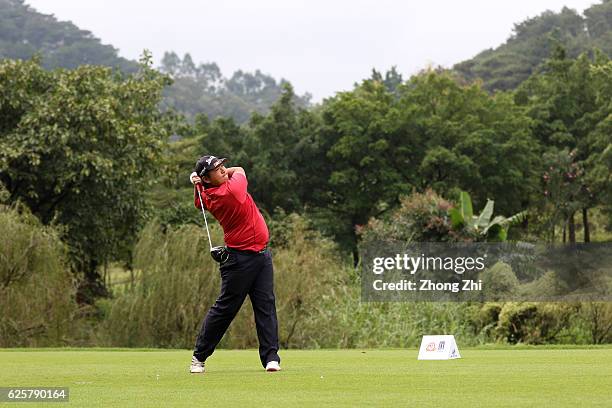 Yinong Yang of China plays a shot during the second round of the Buick open at Guangzhou Foison Golf Club on November 25, 2016 in Guangzhou, China.