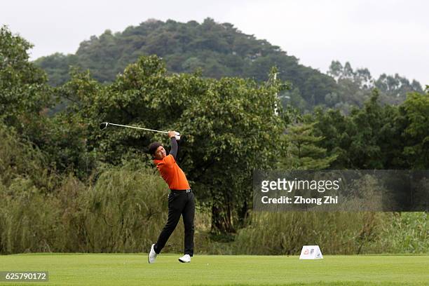 Xinjun Zhang of China plays a shot during the second round of the Buick open at Guangzhou Foison Golf Club on November 25, 2016 in Guangzhou, China.