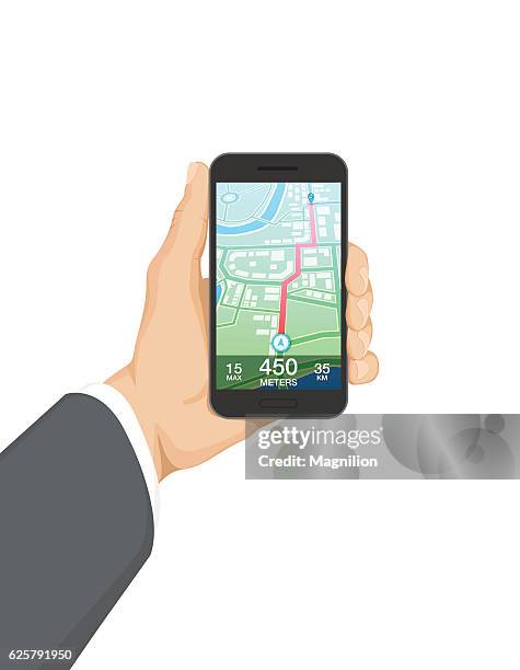 hand holding smartphone with navigation system - using smart phone outside stock illustrations