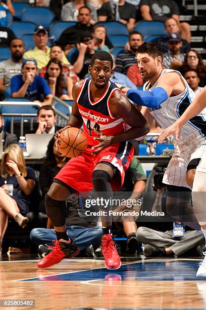 Andrew Nicholson of the Washington Wizards handles the ball during a game against the Orlando Magic on November 25, 2016 at the Amway Center in...