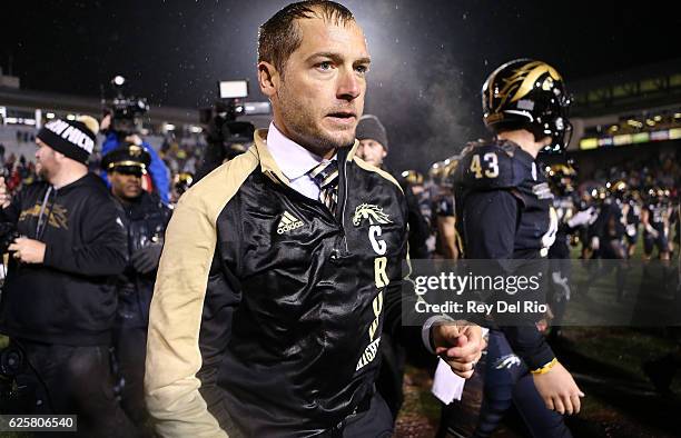 Head coach P.J. Fleck of the Western Michigan Broncos celebrates after defeating the Toledo Rockets 55 - 35 at Waldo Stadium on November 25, 2016 in...