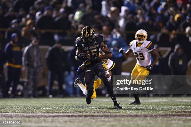 Carrington Thompson of the Western Michigan Broncos catches the ball during the game against the Toledo Rocketst at Waldo Stadium on November 25,...