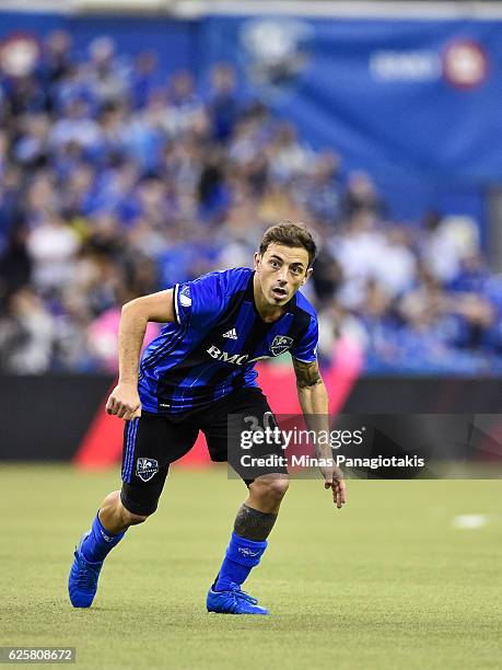 Hernan Bernardello of the Montreal Impact runs during leg one of the MLS Eastern Conference finals against the Toronto FC at Olympic Stadium on...