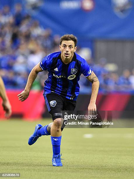Hernan Bernardello of the Montreal Impact runs during leg one of the MLS Eastern Conference finals against the Toronto FC at Olympic Stadium on...