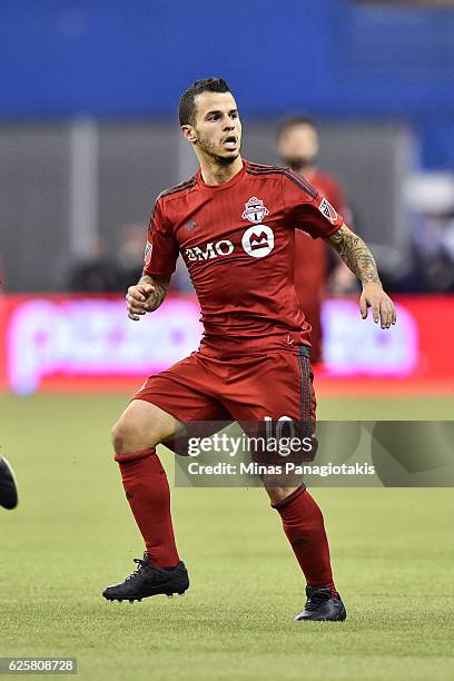 Sebastian Giovinco of the Toronto FC looks on during leg one of the MLS Eastern Conference finals against the Montreal Impact at Olympic Stadium on...