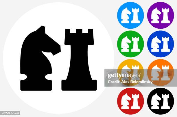knight and castle icon on flat color circle buttons - rook chess piece stock illustrations