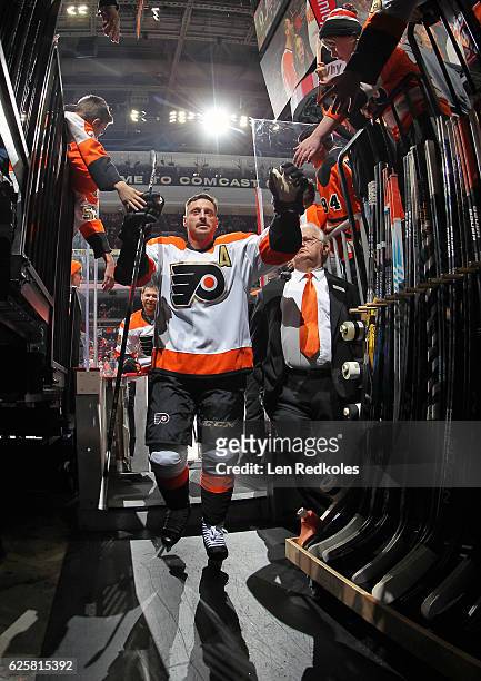 Mark Streit of the Philadelphia Flyers leaves the ice surface following the pregame warm-ups against the Tampa Bay Lightning on November 19, 2016 at...