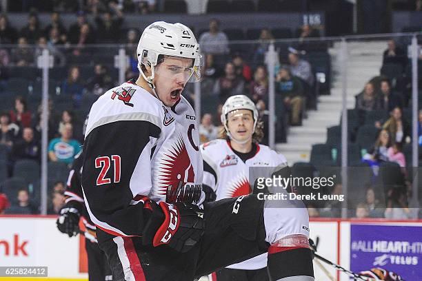 Brett Howden of the Moose Jaw Warriors celebrates after scoring against the Calgary Hitmen during a WHL game at Scotiabank Saddledome on November 25,...