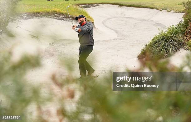 Stephan Jaeger of Germany plays out of the bunker during day three of the World Cup of Golf at Kingston Heath Golf Club on November 26, 2016 in...