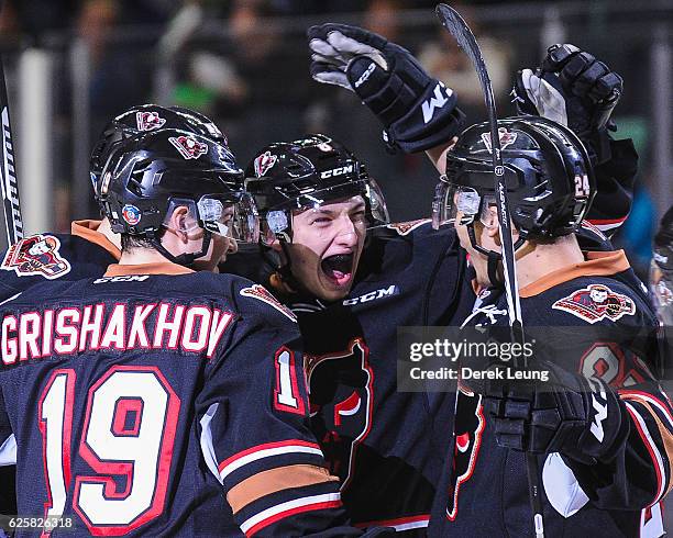 Vladislav Yeromenko of the Calgary Hitmen celebrates after scoring against the Moose Jaw Warriors during a WHL game at Scotiabank Saddledome on...