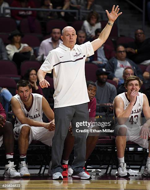 Head coach Herb Sendek of the Santa Clara Broncos signals his players as they take on the Vanderbilt Commodores during the 2016 Continental Tire Las...