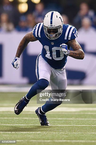 Donte Moncrief of the Indianapolis Colts runs a pass route during a game against the Tennessee Titans at Lucas Oil Stadium on November 20, 2016 in...