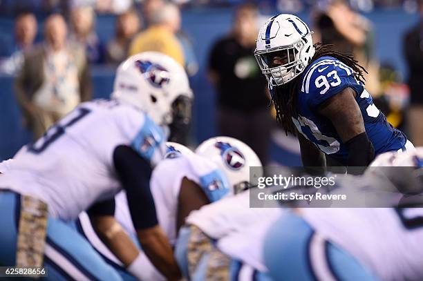 Erik Walden of the Indianapolis Colts anticipates a play during a game against the Tennessee Titans at Lucas Oil Stadium on November 20, 2016 in...