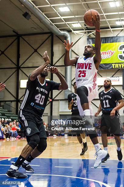 Bruce Massey of the Grand Rapids Drive goes for a lay up against the Austin Spurs at The DeltaPlex Arena on November 25, 2016 in Walker, Michigan....