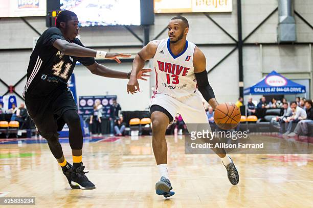 Zeke Upshaw of the Grand Rapids Drive drives to the basket during a game against the Austin Spurs at The DeltaPlex Arena on November 25, 2016 in...