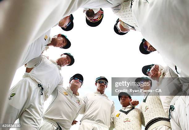 Steve Smith of Australia addresses his players during day three of the Third Test match between Australia and South Africa at Adelaide Oval on...