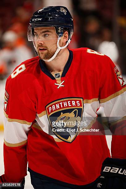 Dylan Mcllrath of the Florida Panthers warms up on the ice prior to the start of the game against the Philadelphia Flyers at the BB&T Center on...
