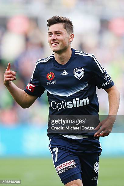 Marco Rojas of the Victory celebrates a goal during the round eight A-League match between Melbourne Victory and the Newcastle Jets at AAMI Park on...