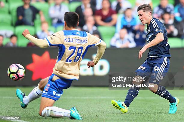 Marco Rojas of the Victory kicks the ball for a goal during the round eight A-League match between Melbourne Victory and the Newcastle Jets at AAMI...