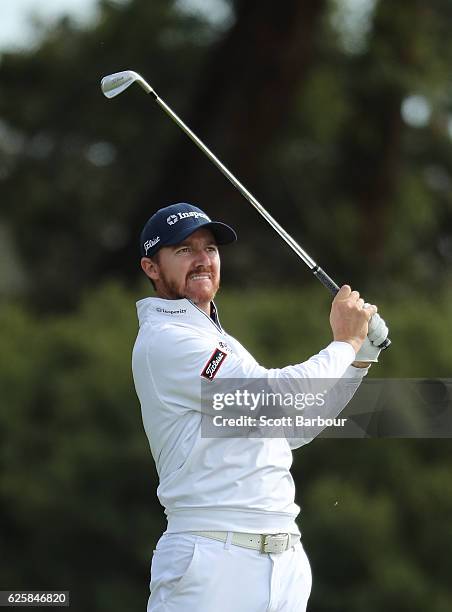 Jimmy Walker of the United States plays a shot during day three of the World Cup of Golf at Kingston Heath Golf Club on November 26, 2016 in...