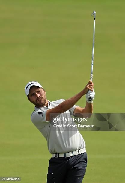 Romain Langasque of France plays a shot during day three of the World Cup of Golf at Kingston Heath Golf Club on November 26, 2016 in Melbourne,...