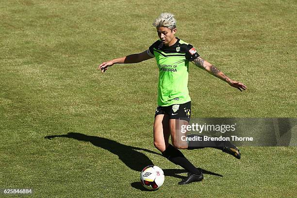 Michelle Heyman of Canberra passes the ball to a team mate during the round four W-League match between Canberra United and the Newcastle Jets at...