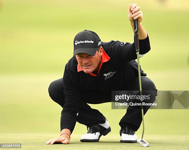 Alex Cejka of Germany lines up a putt during day three of the World Cup of Golf at Kingston Heath Golf Club on November 26, 2016 in Melbourne,...