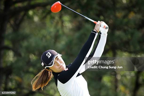 Ayaka Watanabe of Japan plays a tee shot on the 14th hole during the third round of the LPGA Tour Championship Ricoh Cup 2016 at the Miyazaki Country...