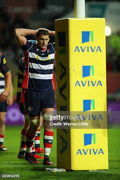 Ian EVans of Bristol Rugby looks on after his team conceeda try during the Aviva Premiership match between Bristol Rugby and Leicester Tigers at...