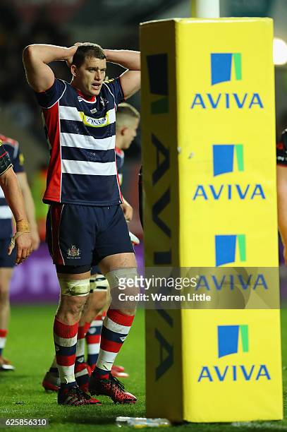 Ian EVans of Bristol Rugby looks on after his team conceeda try during the Aviva Premiership match between Bristol Rugby and Leicester Tigers at...