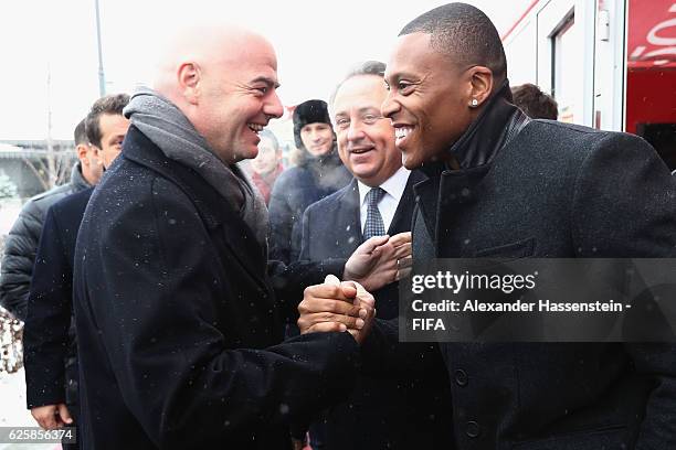 President Gianni Infantino welcomes Julio Baptista at the launch event for the unveiling of the FIFA World Cup Russia 2018 countdown clock on...