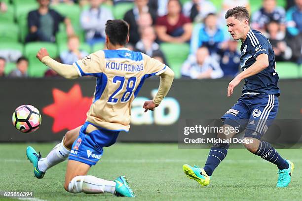 Marco Rojas of the Victory kicks the ball for his second goal during the round eight A-League match between Melbourne Victory and the Newcastle Jets...