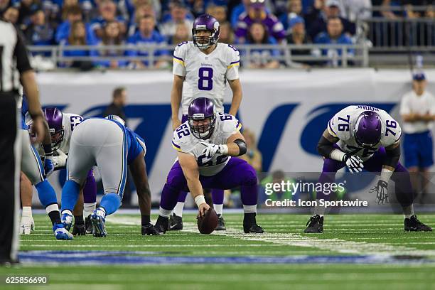 Minnesota Vikings center Nick Easton calls out instructions during game action between the Minnesota Vikings and the Detroit Lions on Thanksgiving...