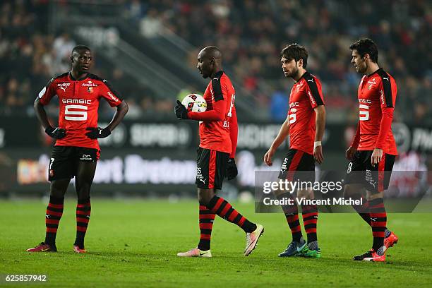 Paul Georges Ntep, Giovanni Sio, Sanjin Prcic and Yoann Gourcuff of Rennes during the French Ligue 1 match between Rennes and Toulouse at Roazhon...