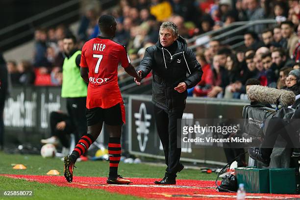Paul Georges Ntep of Rennes and Christian Gourcuff headcoach of Rennes during the French Ligue 1 match between Rennes and Toulouse at Roazhon Park on...