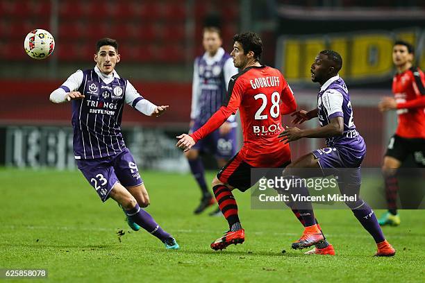 Yann Bodiger of Toulouse and Yoann Gourcuff of Rennes during the French Ligue 1 match between Rennes and Toulouse at Roazhon Park on November 25,...