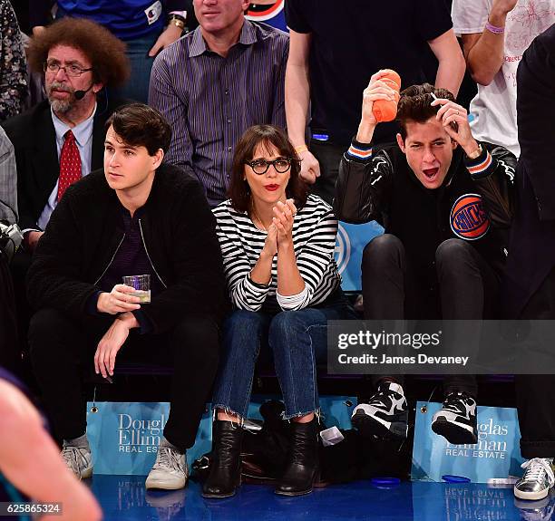 Ezra Koenig, Rashida Jones and Mark Ronson attend New York Knicks vs Charlotte Hornets game at Madison Square Garden on November 25, 2016 in New York...